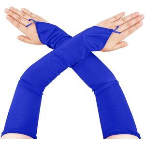 Women's Blue Long Satin Finger Loop Fabric Gloves Opera Party Prom Costume